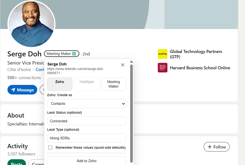 Astrolab Meeting Maker - Integration with your CRM. Send your selectd leads with one click to hubspot or Zoho without ever leaving LinkedIn.