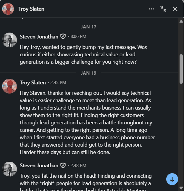 Astrolab Meeting Maker - Communicates better than a human. The agents, whatever their roles, read every conversation, understand subtle signals, identify pain